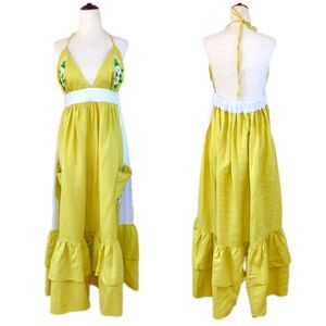 FANM MON Yamile 100% Linen Halter Midi Dress Floral Embroidered‎ Yellow XL New